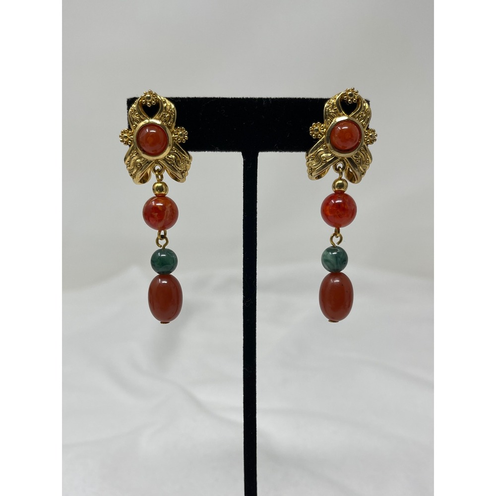 Avon Womens Vintage Beaded Dangle Earrings OS Gold Red Green Boho Retro
